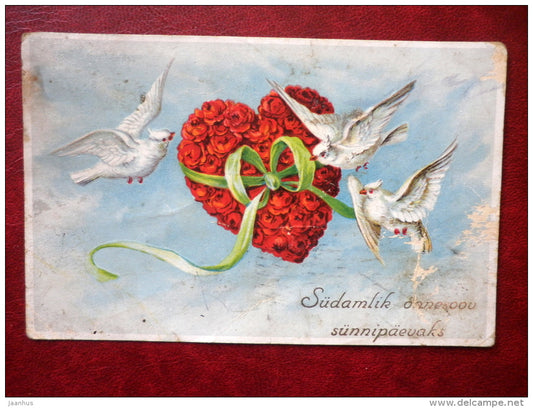 Birthday Greeting Card - doves - heart - flowers - birds - circulated in 1931 - Estonia - used - JH Postcards