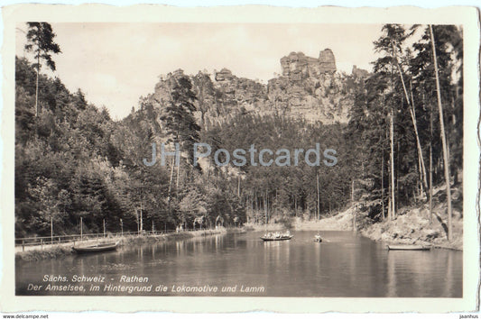 Sachs Schweiz - Rathen - Der Amselsee - Im Hintergrund die Lokomotive und Lamm - old postcard - 1930s - Germany - used - JH Postcards