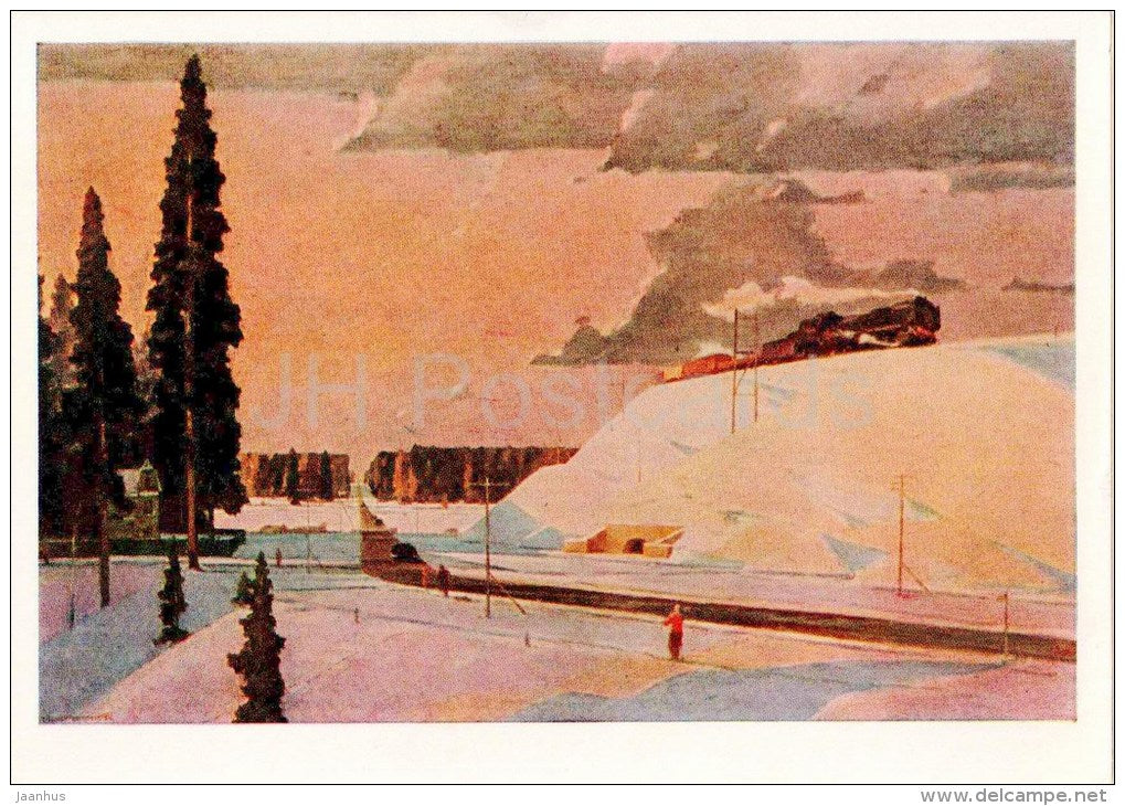 painting by G. Nissky - 1 - Near Moscow . February , 1957 - train - russian art - unused - JH Postcards