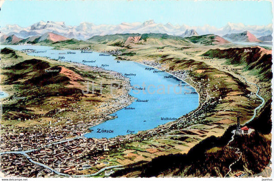 Zurichsee - map - 13 - old postcard - Switzerland - used - JH Postcards