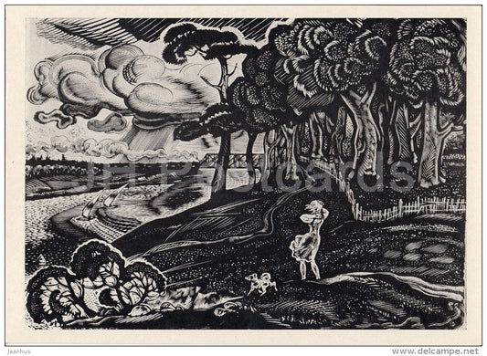 engraving by V. Frolov - Fresh Wind - Soviet engraving - Russian art - 1968 - Russia USSR - unused - JH Postcards