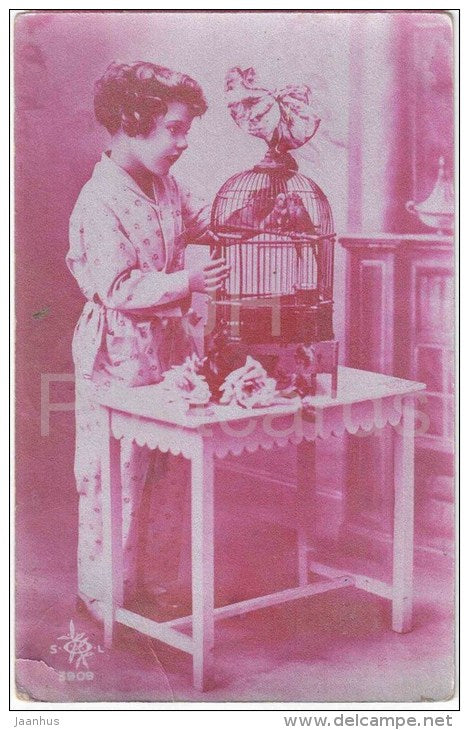 child - birdcage - couple - SOL 3909 - circulated in Estonia 1932 Torma - JH Postcards