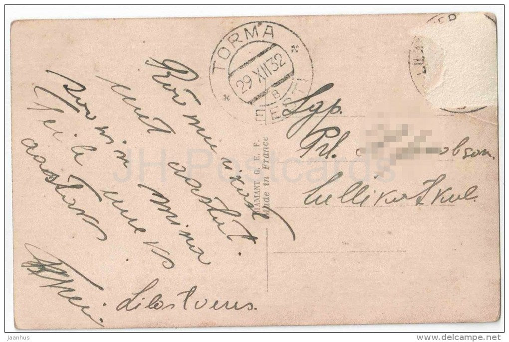 child - birdcage - couple - SOL 3909 - circulated in Estonia 1932 Torma - JH Postcards