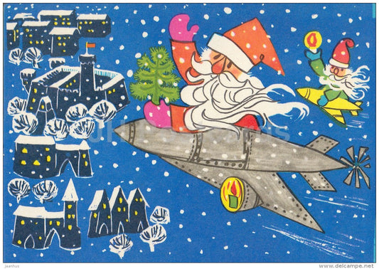 New Year Greeting Card by S. Kalev - 1 - Santa Claus - airplane - 1973 - Estonia USSR - used - JH Postcards