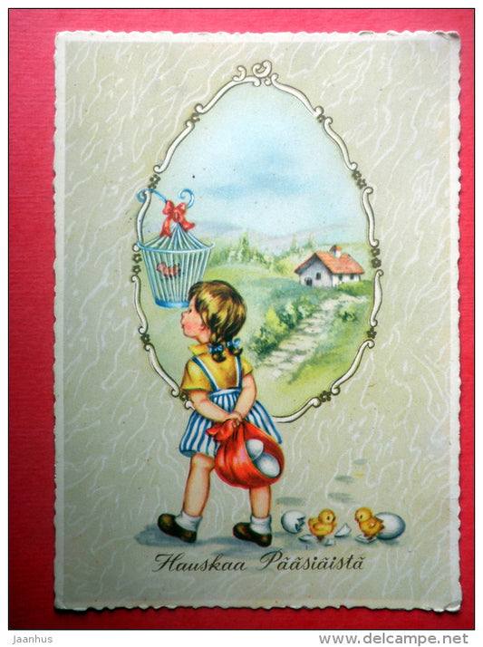 Easter Greeting Card - girl - egg - chick - nestling - 2073/6 - Finland - circulated in Finland 1973 - JH Postcards