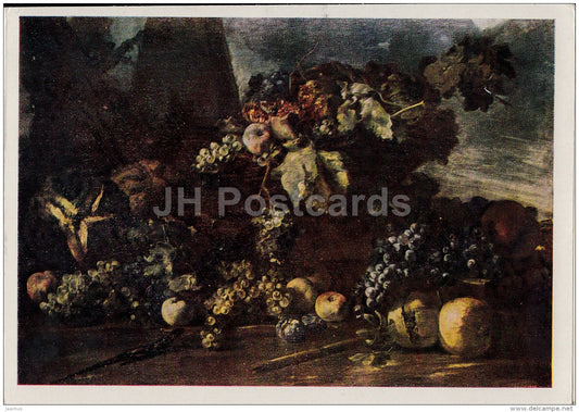 painting  by Michelangelo da Campidoglio - Still Life with Grapes - Italian art - old postcard - Russia USSR - unused - JH Postcards