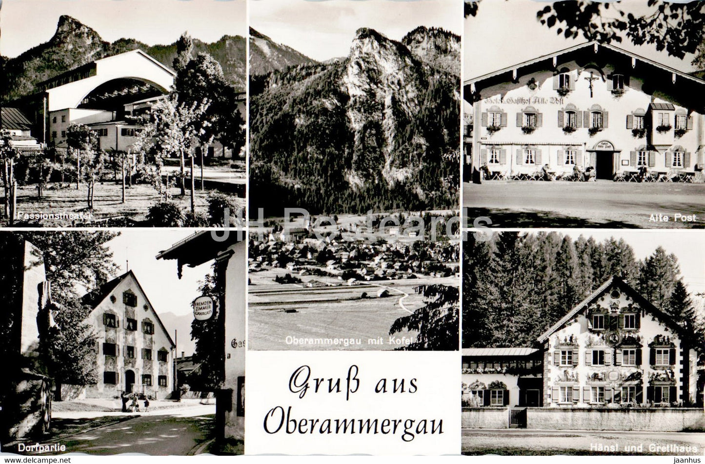 Gruss aus Oberammergau - Passionstheater - Dorfpartie - Alte Post - Hansl und Gretlhaus old postcard - Germany - unused - JH Postcards