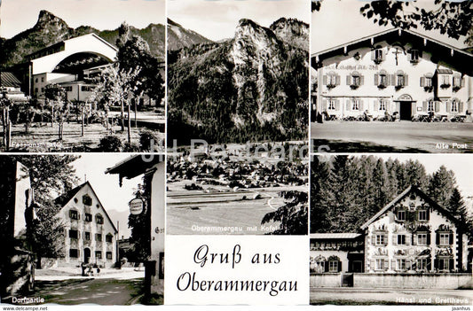 Gruss aus Oberammergau - Passionstheater - Dorfpartie - Alte Post - Hansl und Gretlhaus old postcard - Germany - unused - JH Postcards