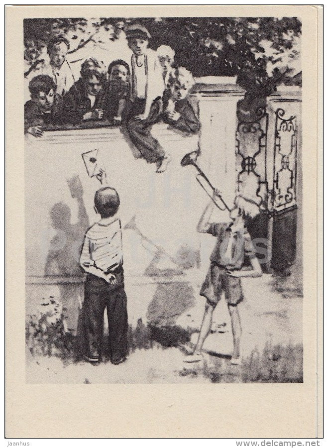 illustration to the Arkady Gaidar work Timur and his Gang - children - trump - 1973 - Russia USSR - unused - JH Postcards