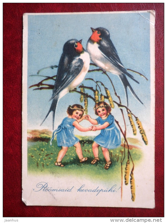 Easter Greeting Card - swallow - birds - children - circulated in 1938 - Estonia - used - JH Postcards