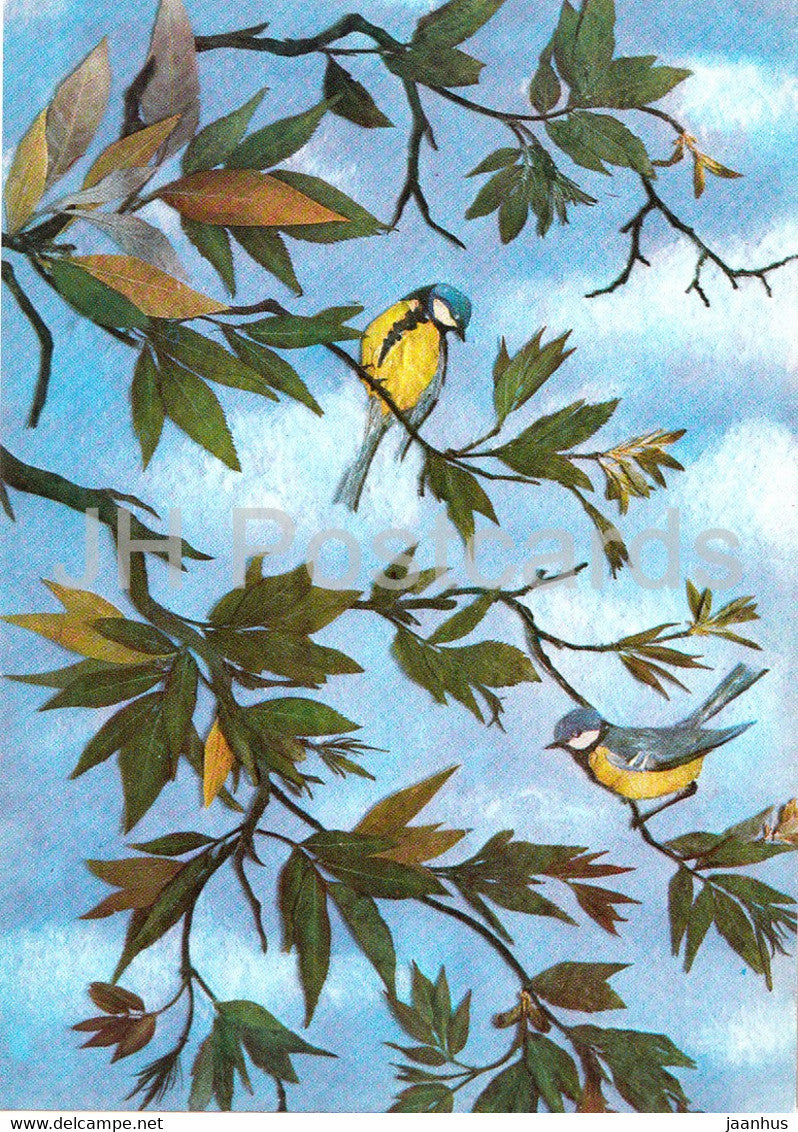 Blue Tits - birds - Flower Art - 1971 - Russia USSR - unused - JH Postcards