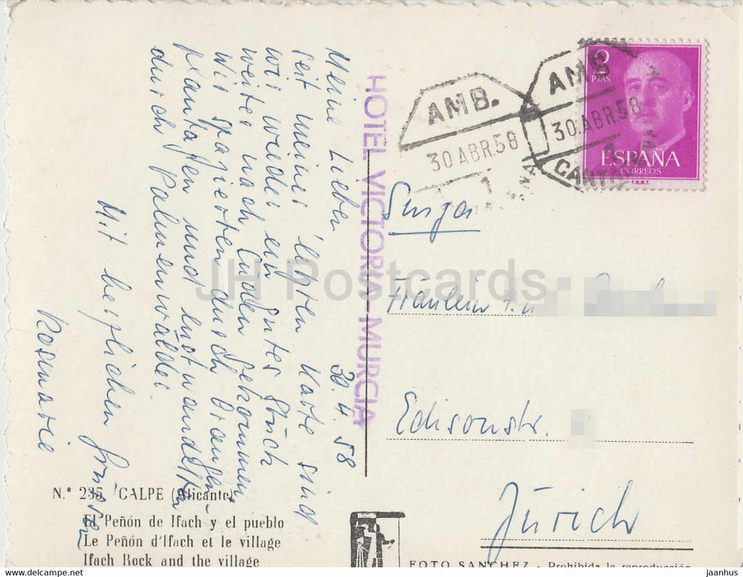 Calpe - El Penon de lfach y el pueblo - Ifach Rock und das Dorf - alte Postkarte - 1958 - Spanien - gebraucht