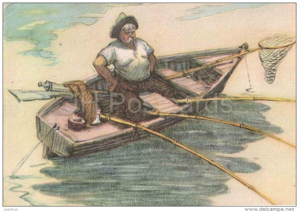 illustration by I. Semenov - Fisherman - boat - fishing - russian art - unused - JH Postcards