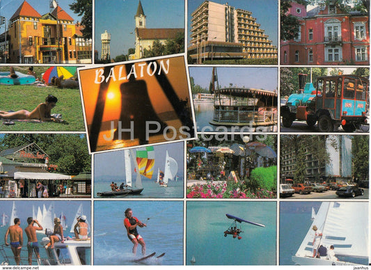 Balaton - water skiing - mini locomotive - hotel - church - sailing boat - multiview - 1990s - Hungary - used - JH Postcards