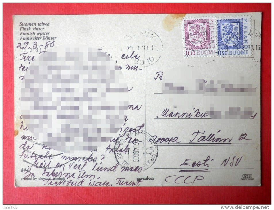 Finnish Winter - skiing - 844 - Finland - sent from Finland Turku to Estonia USSR 1980 - JH Postcards