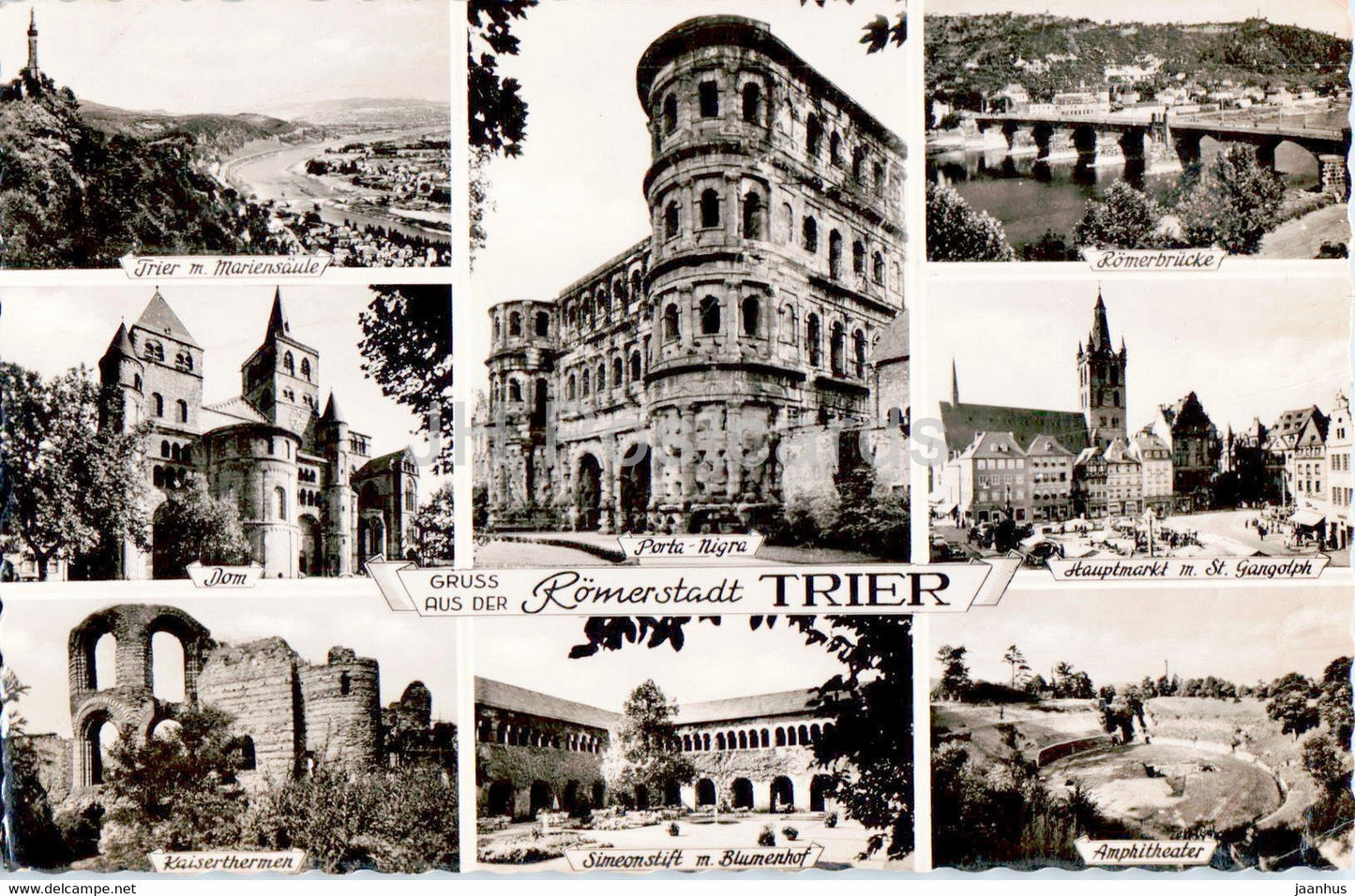 Gruss aus der Romerstadt Trier - Porta Nigra - Romerbrucke - Amphitheater - old postcard - 1956 - Germany - used - JH Postcards