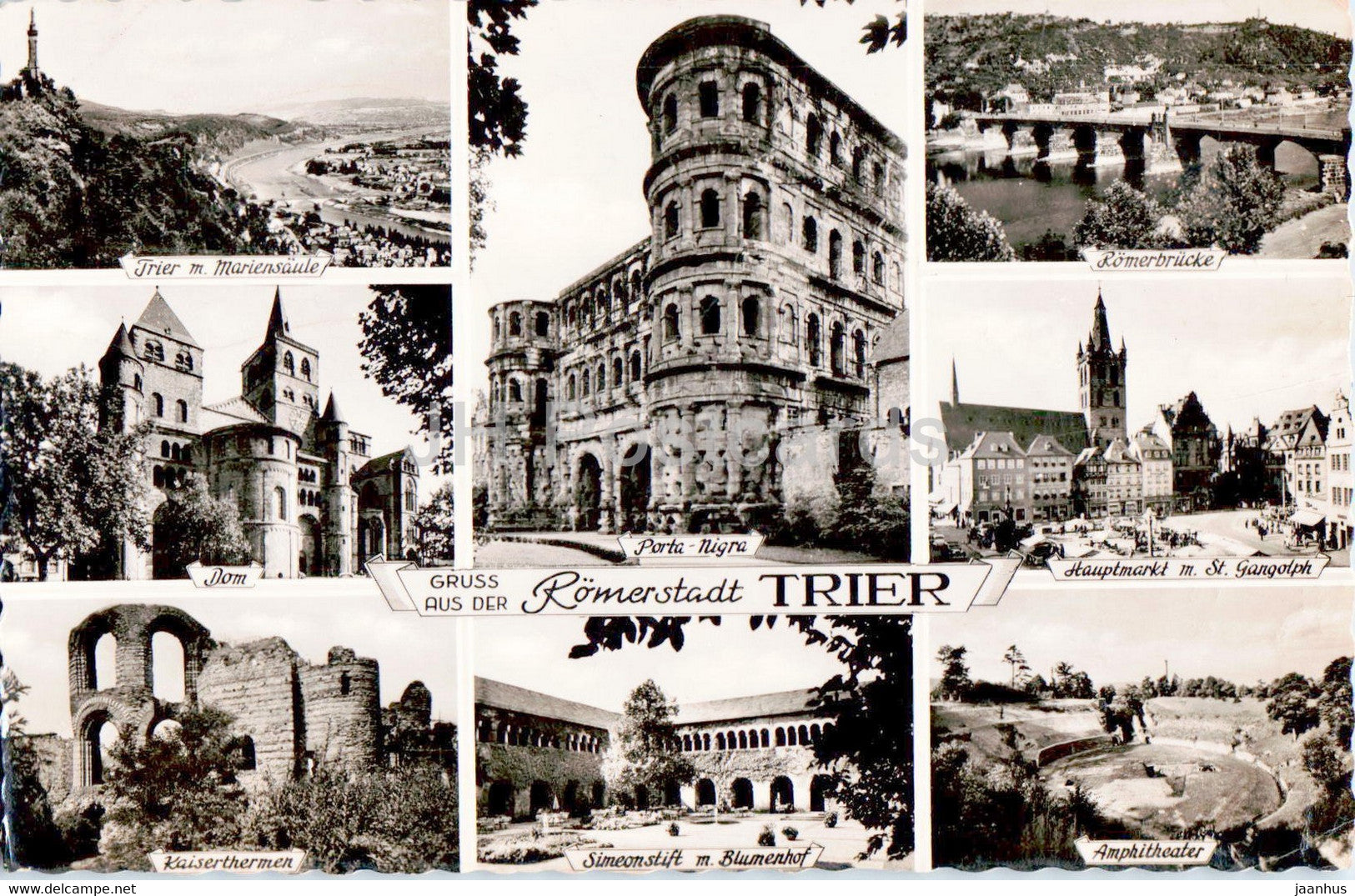 Gruss aus der Romerstadt Trier - Porta Nigra - Romerbrucke - Amphitheater - old postcard - 1956 - Germany - used - JH Postcards