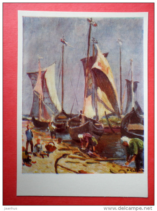 painting by Petras Kalpokas - Nida . 1930 - sailing boats - lithuanian art - unused - JH Postcards