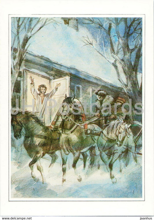 Russian writer Alexander Pushkin - 1825 Pushchin in Mikhailovskoye - horse - illustration - 1984 - Russia USSR - unused - JH Postcards
