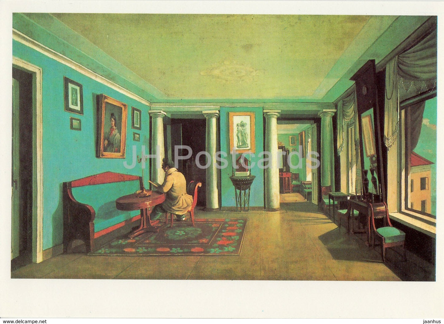 painting by K. Zelentsov - Living room with columns on the mezzanine - Russian art - 1987 - Russia USSR - unused