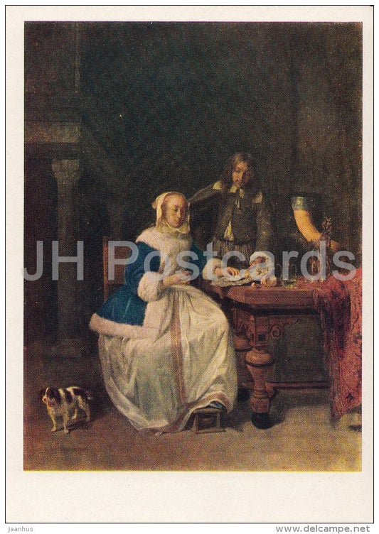painting by Gabriel Metsu - Breakfast - dog - French art - old postcard - Russia USSR - unused - JH Postcards