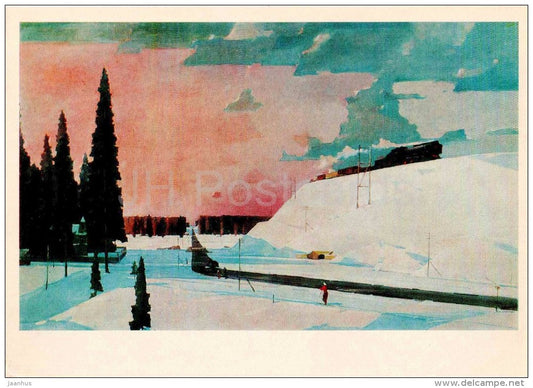 painting by G. Nissky - 2 - Near Moscow . February , 1957 - train - russian art - unused - JH Postcards