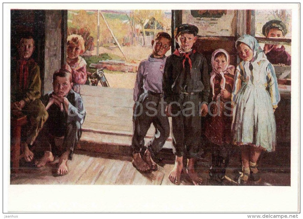 painting by N. Karacharskov - My new Friends , 1964 - children - pioneer - russian art - unused - JH Postcards