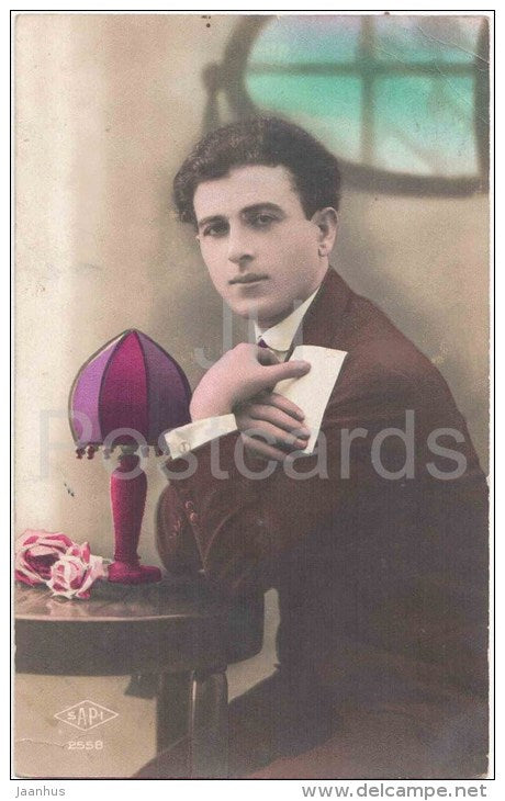 man - roses - letter - flowers - SAPI 2558 - old postcard - circulated in Estonia 1930 - JH Postcards