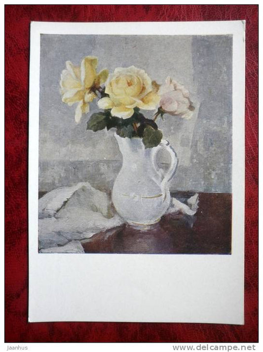 Painting by P. N. Krylov - Yellow Roses , 1958 - flowers - russian art - unused - JH Postcards