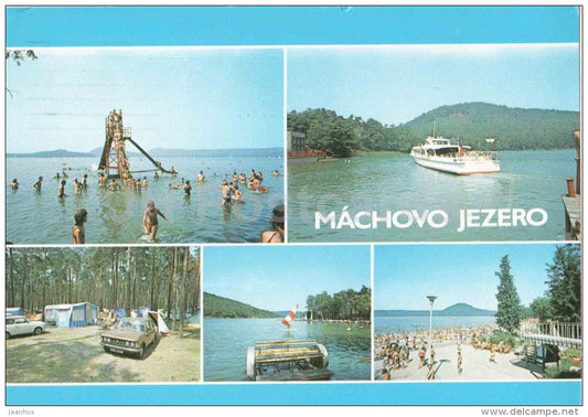 Machovo Jezero - beach - passenger boat - camping area - car Zhiguli - Czechoslovakia - Czech - used 1988 - JH Postcards