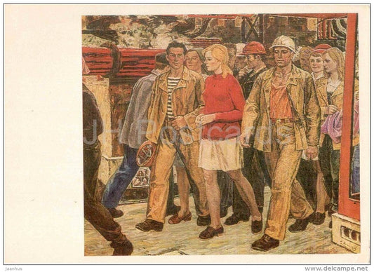 painting by G. Megmedov - The Shift , 1973-74 - plant workers - ukrainian art - unused - JH Postcards