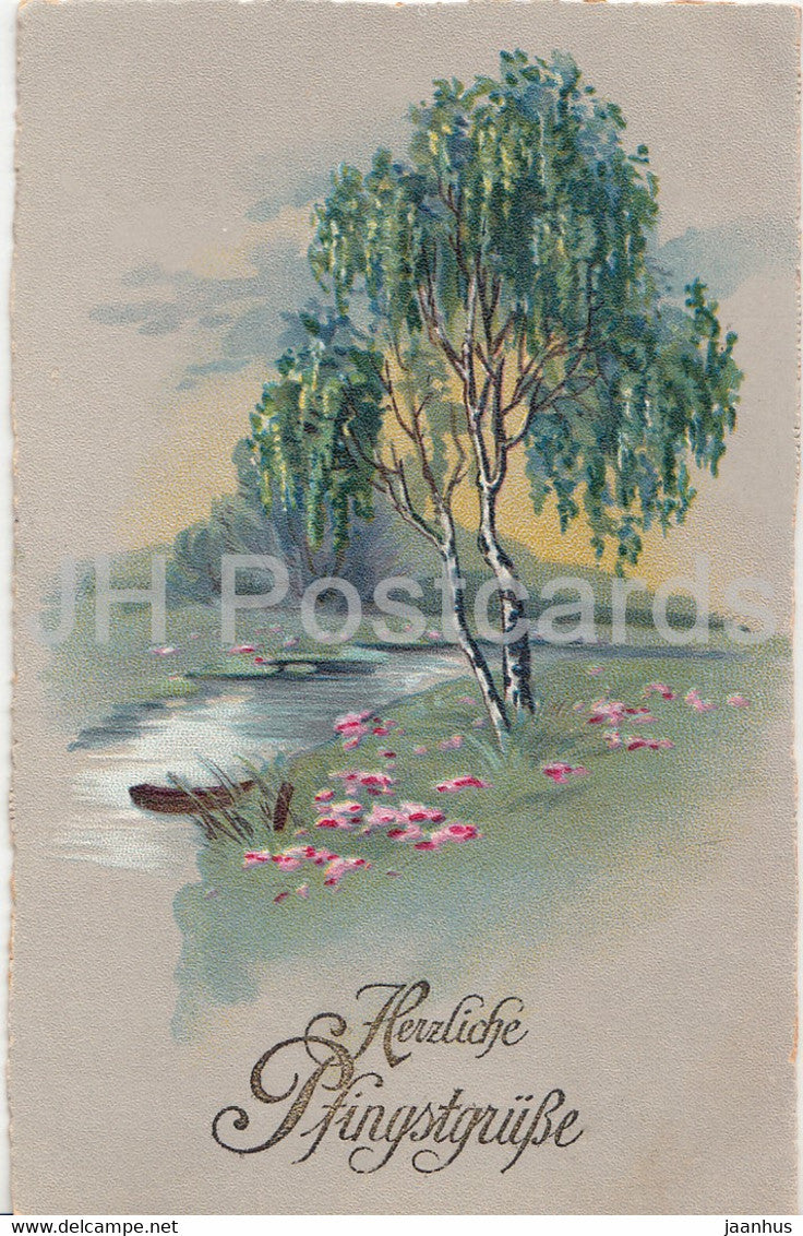 Pentecost Greeting Card - Herzliche Pfingstgrusse - birch - boat - HWB SER 1841 - old postcard - Germany - unused - JH Postcards