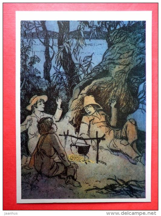 illustration by G. Mazurin - Campfire - The Adventures of Tom Sawyer by M. Twain - 1976 - Russia USSR - unused - JH Postcards