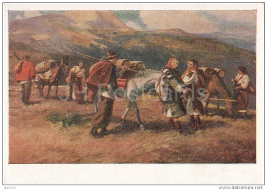 painting by I. Bokshay - Meeting in Polonina . Transcarpathia - horses - women - ukrainian art - unused - JH Postcards