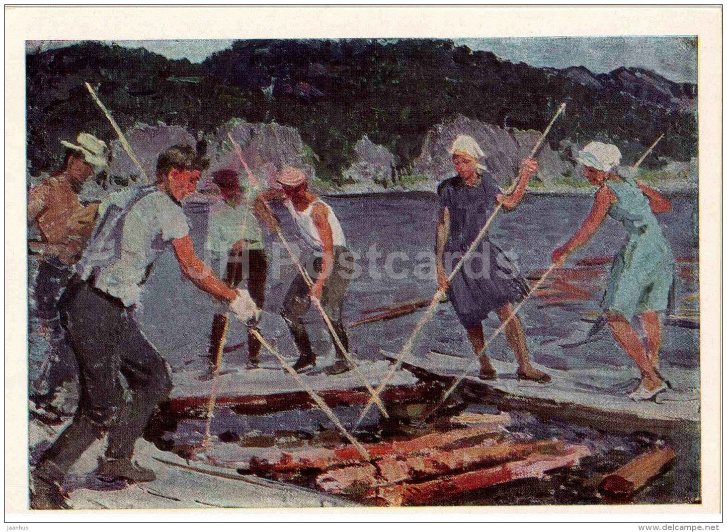 Portrait of Nina Sergeyeva - Timber sorting on Yenisei river , 1966 - Russian art - 1968 - Russia USSR - unused - JH Postcards