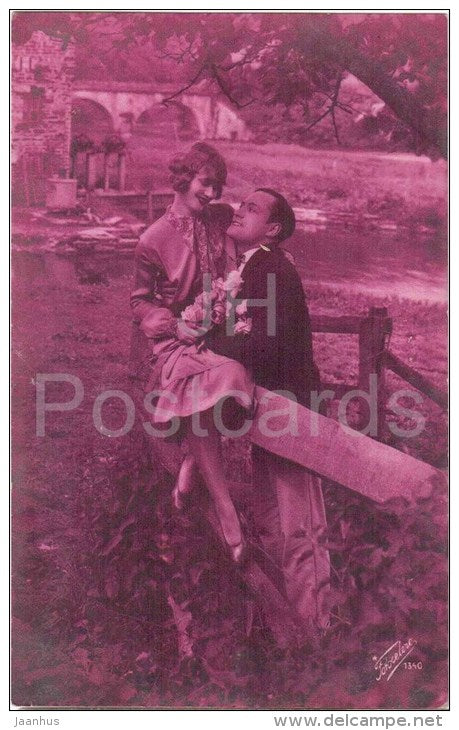 couple - man and woman - river - Fotocelere 1340 - old postcard - circulated in Estonia 1930 - JH Postcards