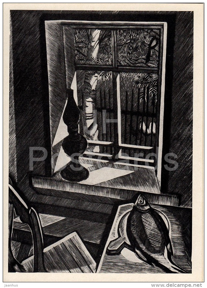 engraving by G. Zaharov - Window - Soviet engraving - Russian art - 1968 - Russia USSR - unused - JH Postcards