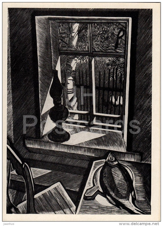engraving by G. Zaharov - Window - Soviet engraving - Russian art - 1968 - Russia USSR - unused - JH Postcards