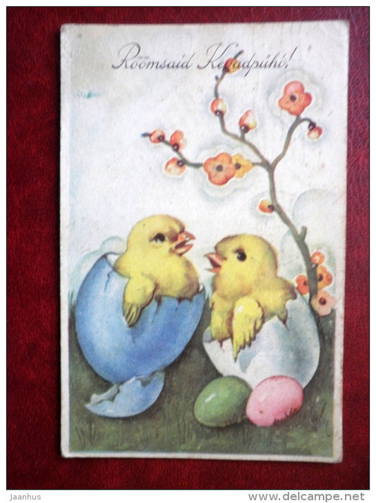 Easter Greeting Card - chicken - eggs  - RTK 518 - circulated in 1934 - Estonia - used - JH Postcards