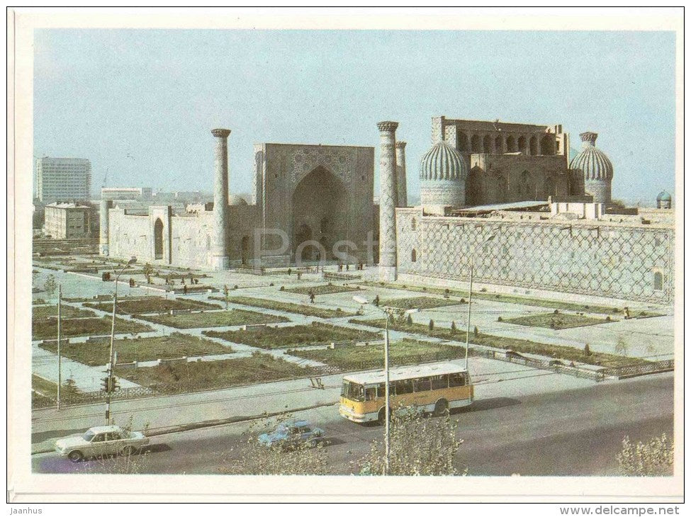 Registan Square - bus - car Volga - Samarkand - 1981 - Uzbekistan USSR - unused - JH Postcards