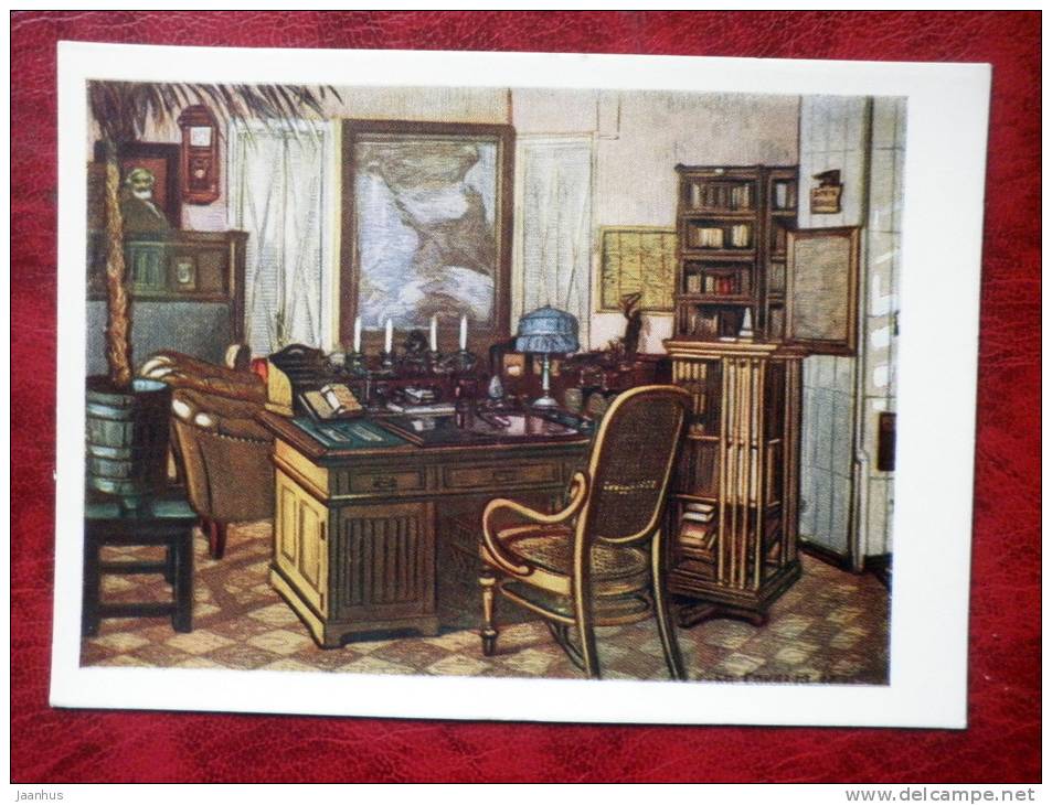 Engraving by I. A. Sokolov - The Cabinet of Lenin in the Kremlin , 1957 - russian art - unused - JH Postcards
