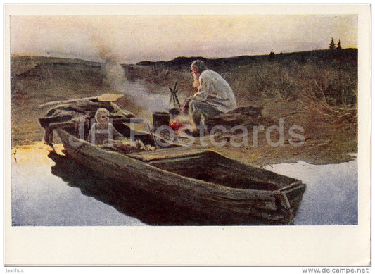 painting by A. Stepanov - Fisherman , 1896 - old man and boy - Russian art - 1963 - Russia USSR - unused - JH Postcards