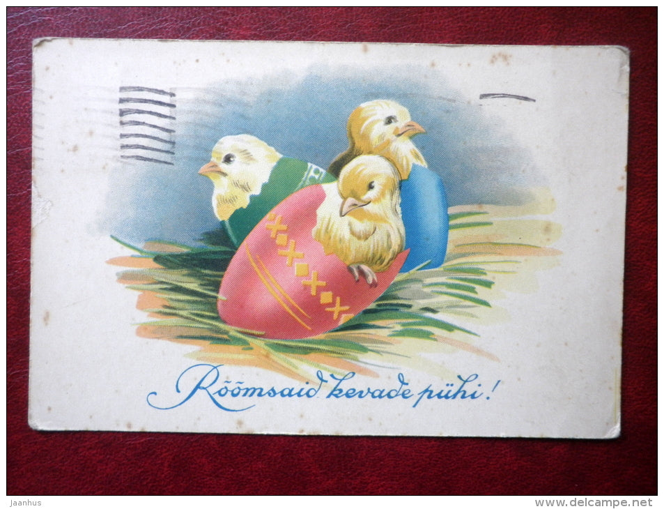 Easter Greeting Card - chicken - eggs - circulated in Estonia 1939 , Tallinn - Estonia - used - JH Postcards