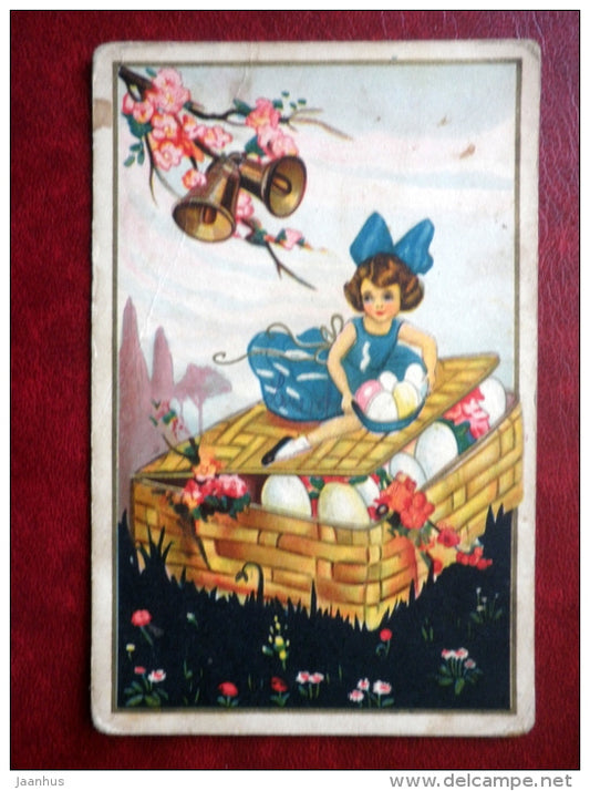 Easter Greeting Card - girl - eggs - basket - bells - 1920s-1930s - Estonia - used - JH Postcards