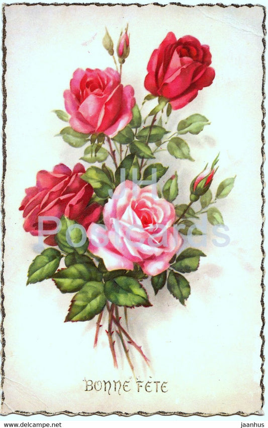 Birthday Greeting Card - Bonne Fete - flowers - roses - illustration - old postcard - France - used - JH Postcards