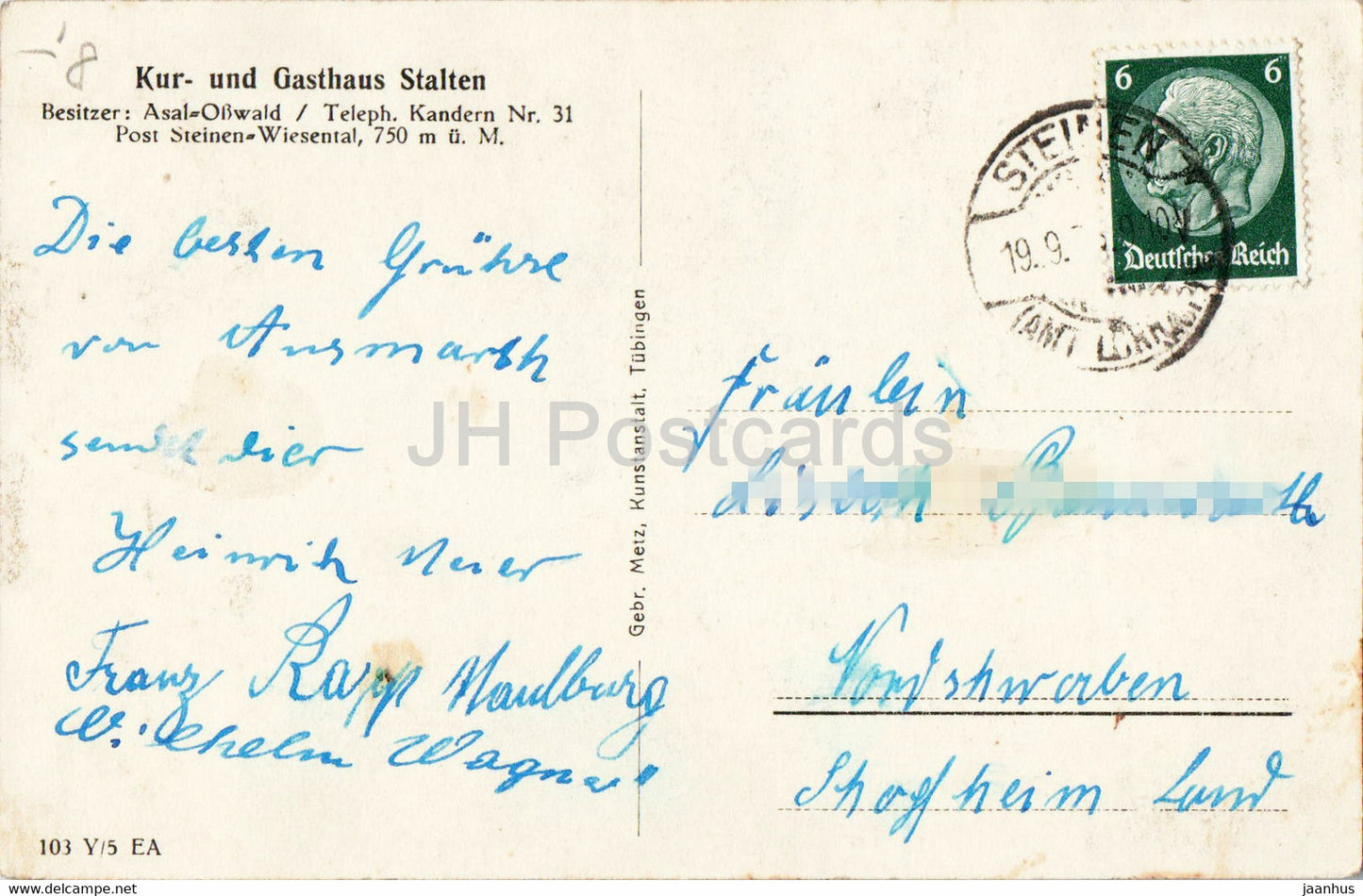 Kurhaus Stalten - carte postale ancienne - années 1930 - Allemagne - utilisé