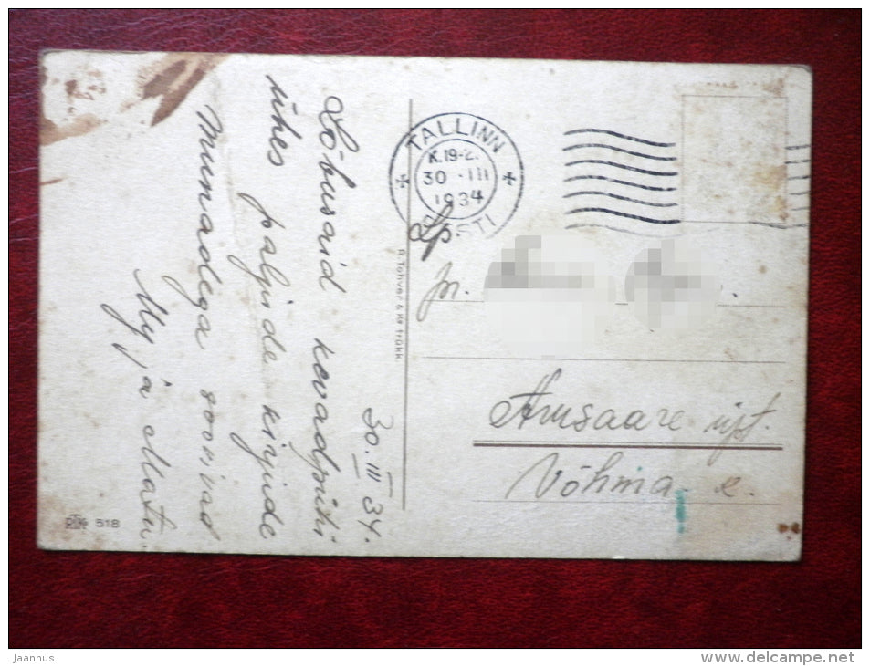 Easter Greeting Card - chicken - eggs  - RTK 518 - circulated in 1934 - Estonia - used - JH Postcards