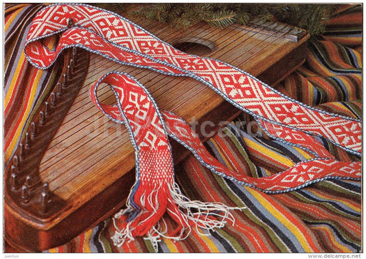 New Year Greeting card - 2 - belt of folk costume - Estonian zither - 1984 - Estonia USSR - used - JH Postcards