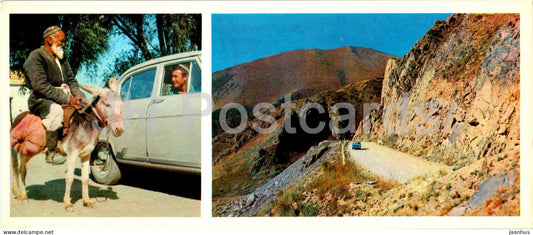 Fergana and Fergana Valley - meeting on the road - mountain road - car Volga - donkey - 1974 - Uzbekistan USSR - unused - JH Postcards