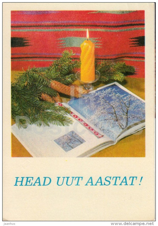 New Year Greeting card - 2 - cones - candle - book - 1974 - Estonia USSR - used - JH Postcards